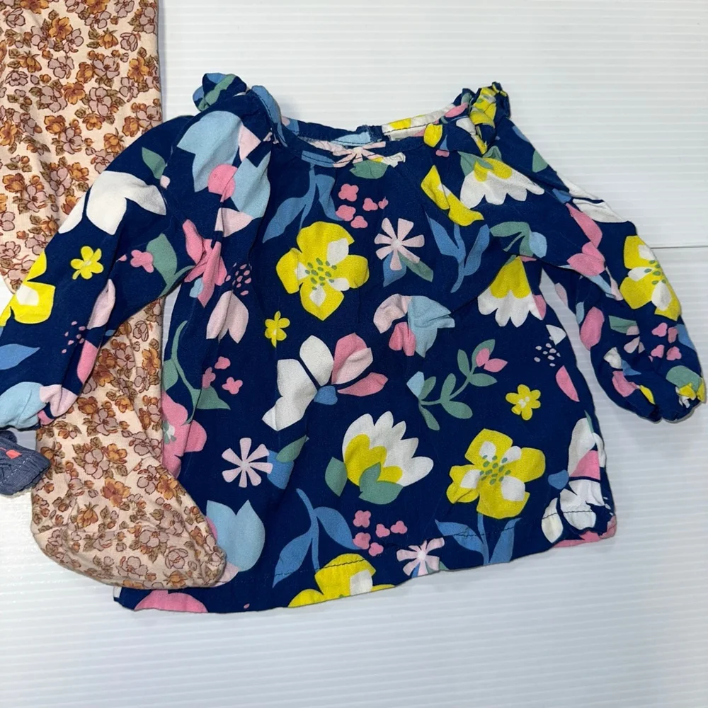 Lot of 3 Baby Girl Carter's 6 Months Floral Sleeper & Tops Bundle Blue Beige